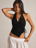Black Halter Wrap Tie Top