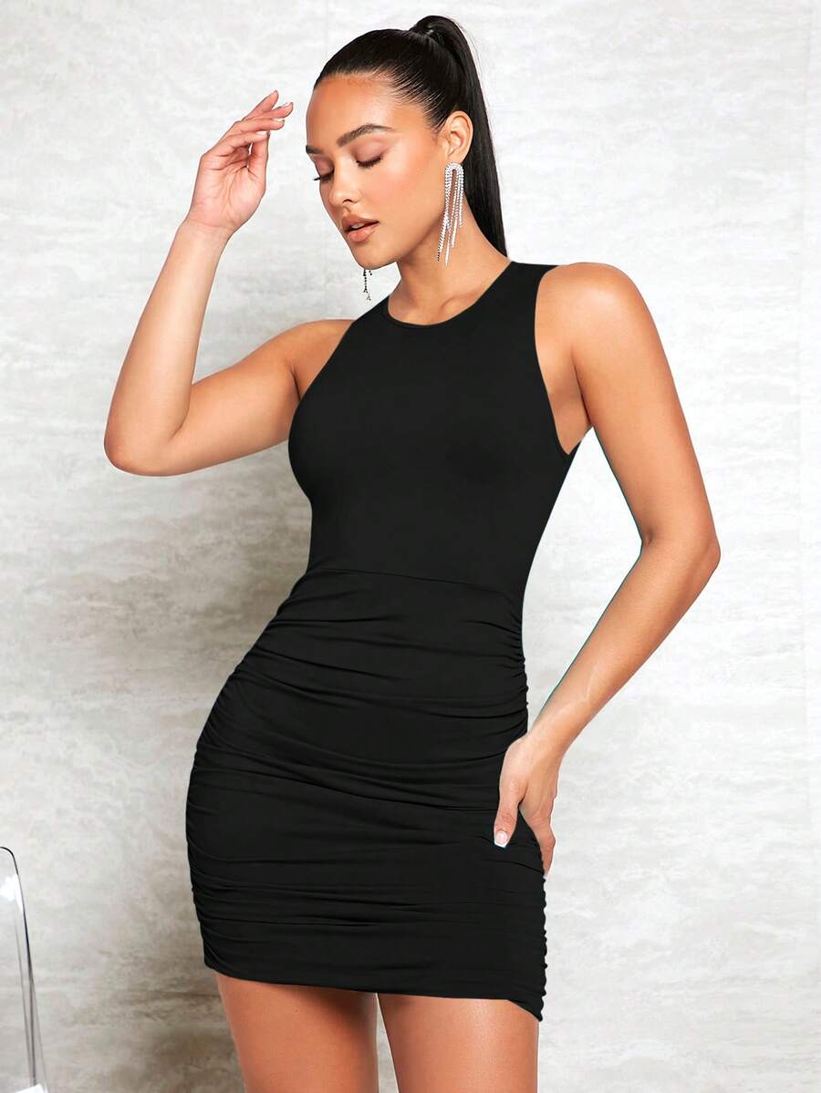 After Dark Ruched Open Back Mini Dress