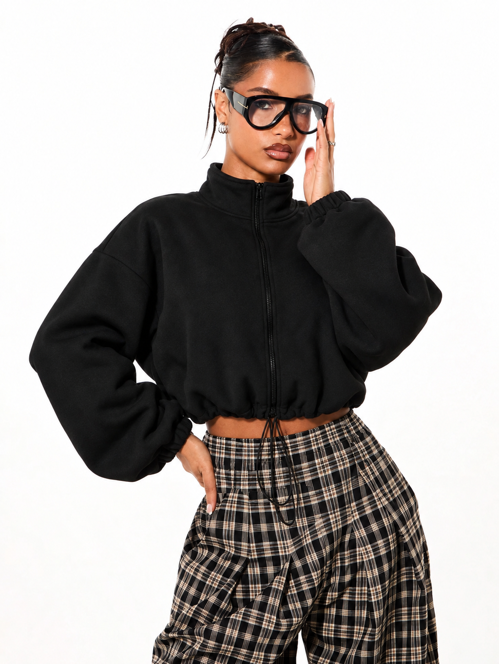 Off Duty Oversized Cropped Zip Up Sweatshirt Black