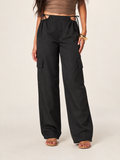 Black Side Tie Cut Out Wide Leg Cargo Pants