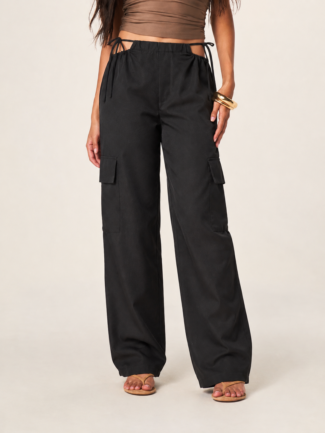 Black Side Tie Cut Out Wide Leg Cargo Pants