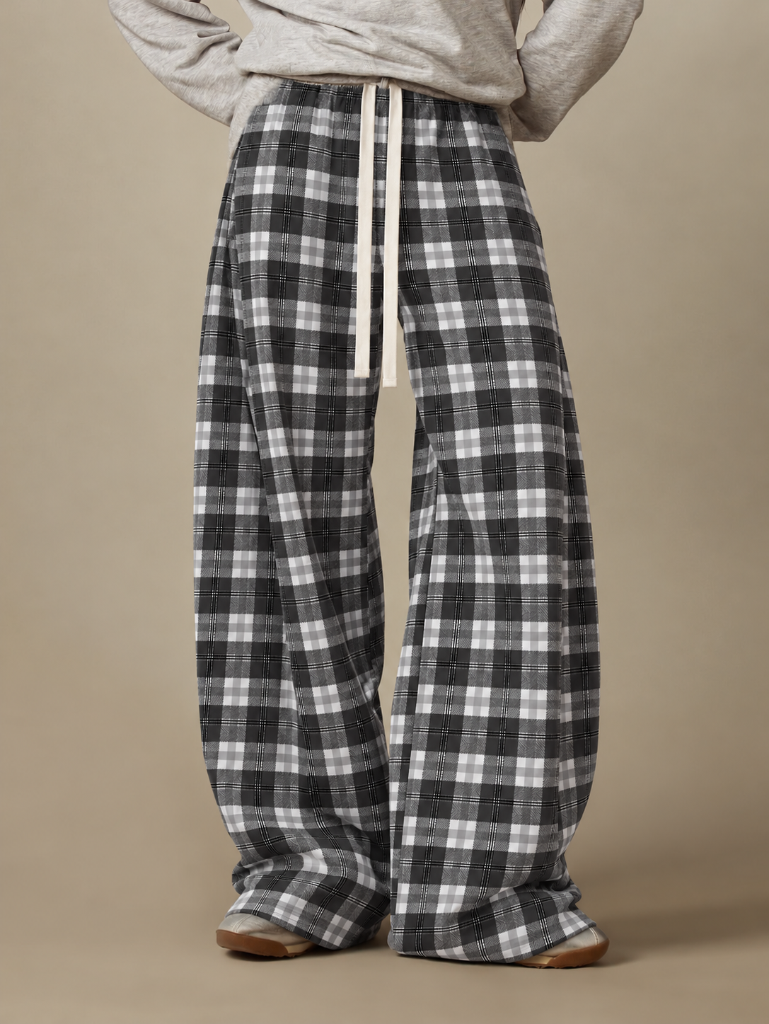 Midnight Check Wide Leg Drawstring Pants
