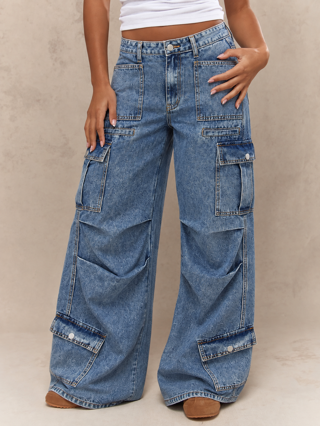 Utility Rush Blue Multi Pocket Wide Leg Cargo Jeans