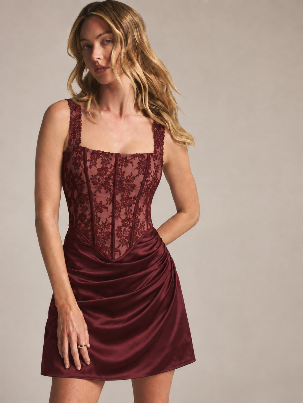 Wine After Hours Lace Corset Mini Dress