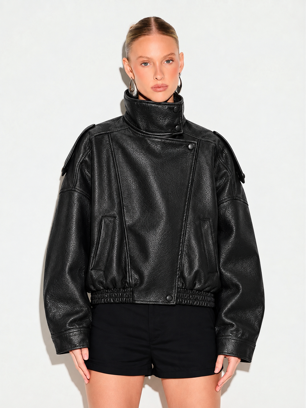 After Dark Oversized Faux Leather Bomber Jacket