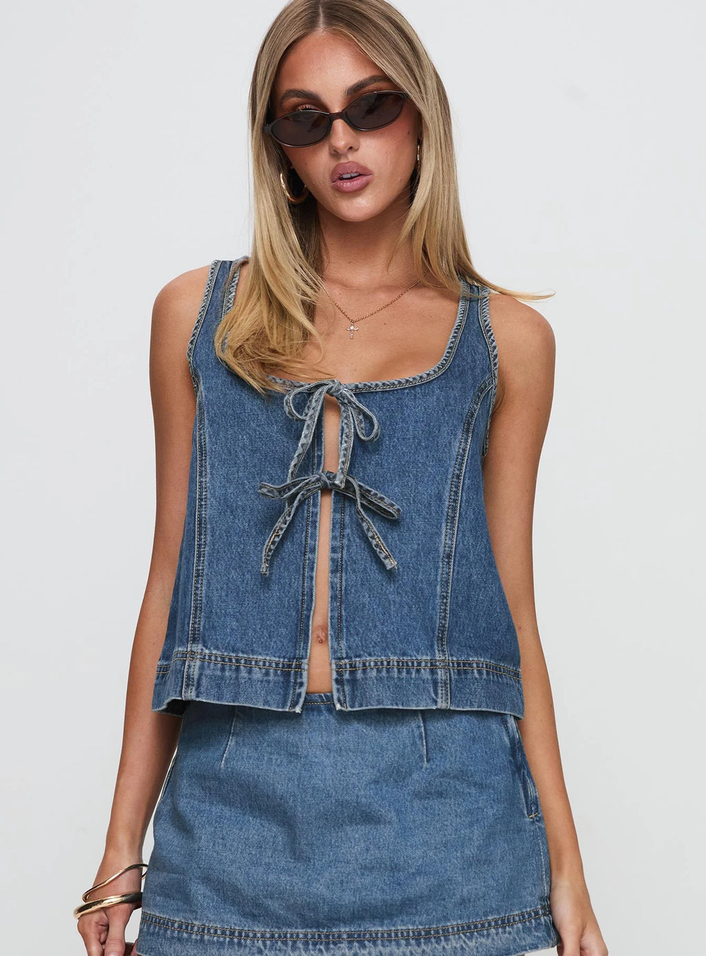 Double Tie Blue Denim Vest Top