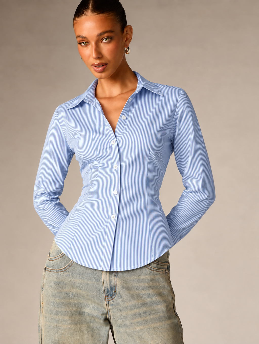 The Bella Blue Striped Corset Back Shirt