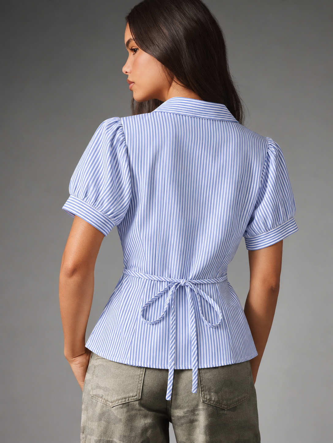 The Margot Blue Striped Ruched Shirt