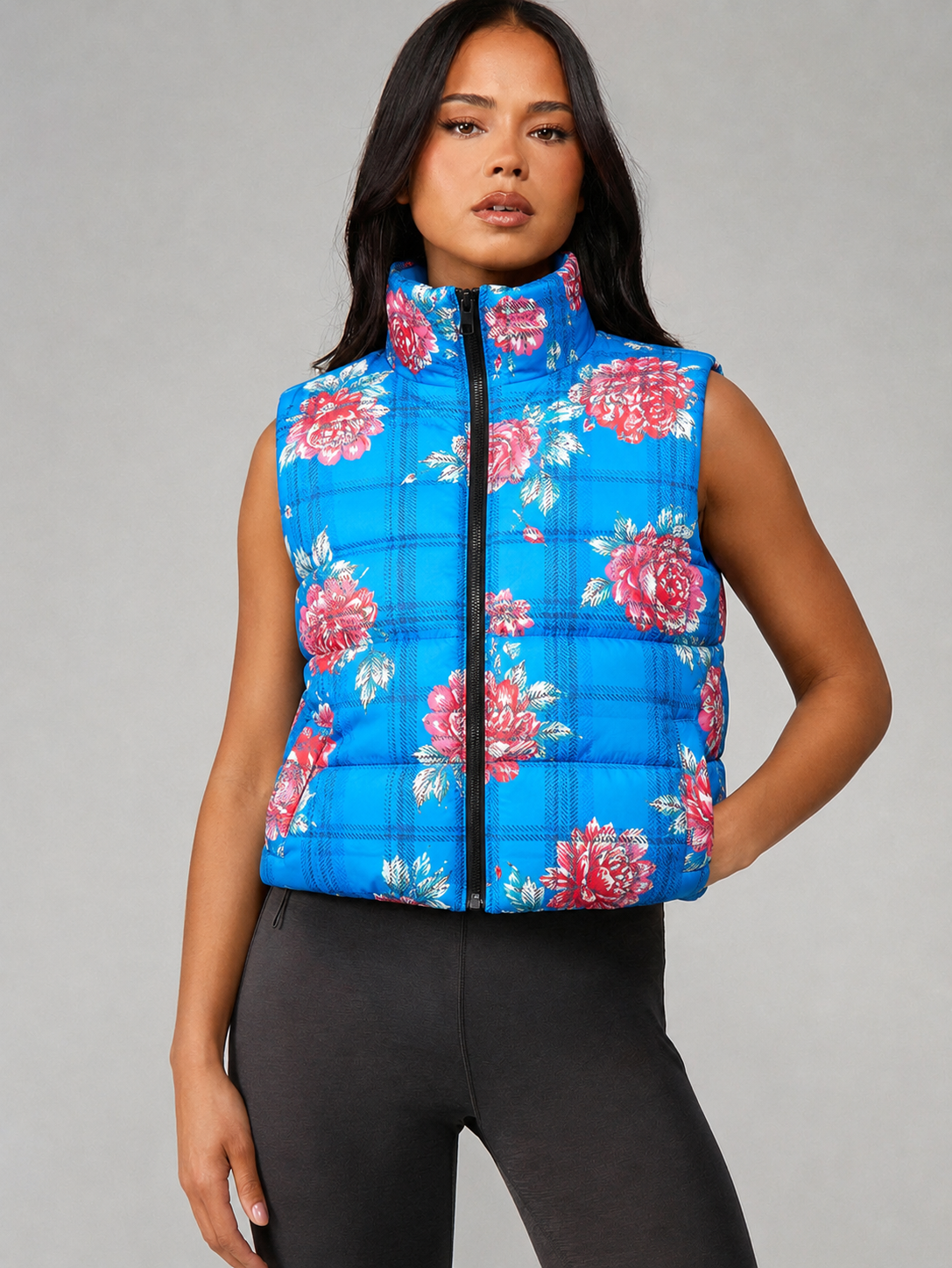 Electric Bloom Blue Floral Sleeveless Puffer Jacket