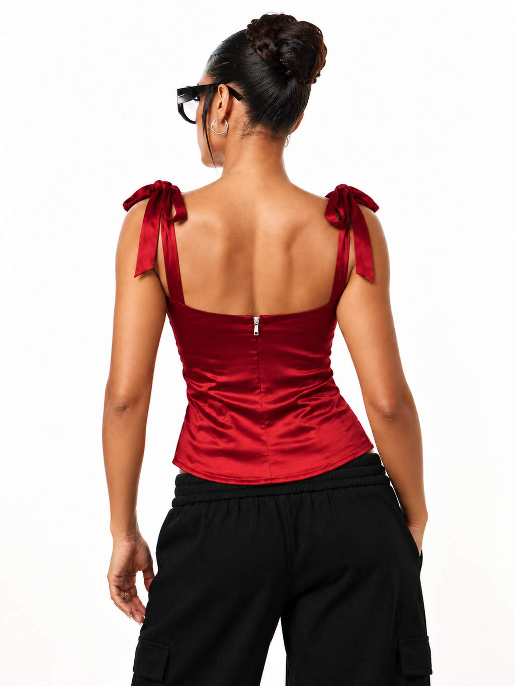 Cherry Red Satin Bow Strap Corset Top