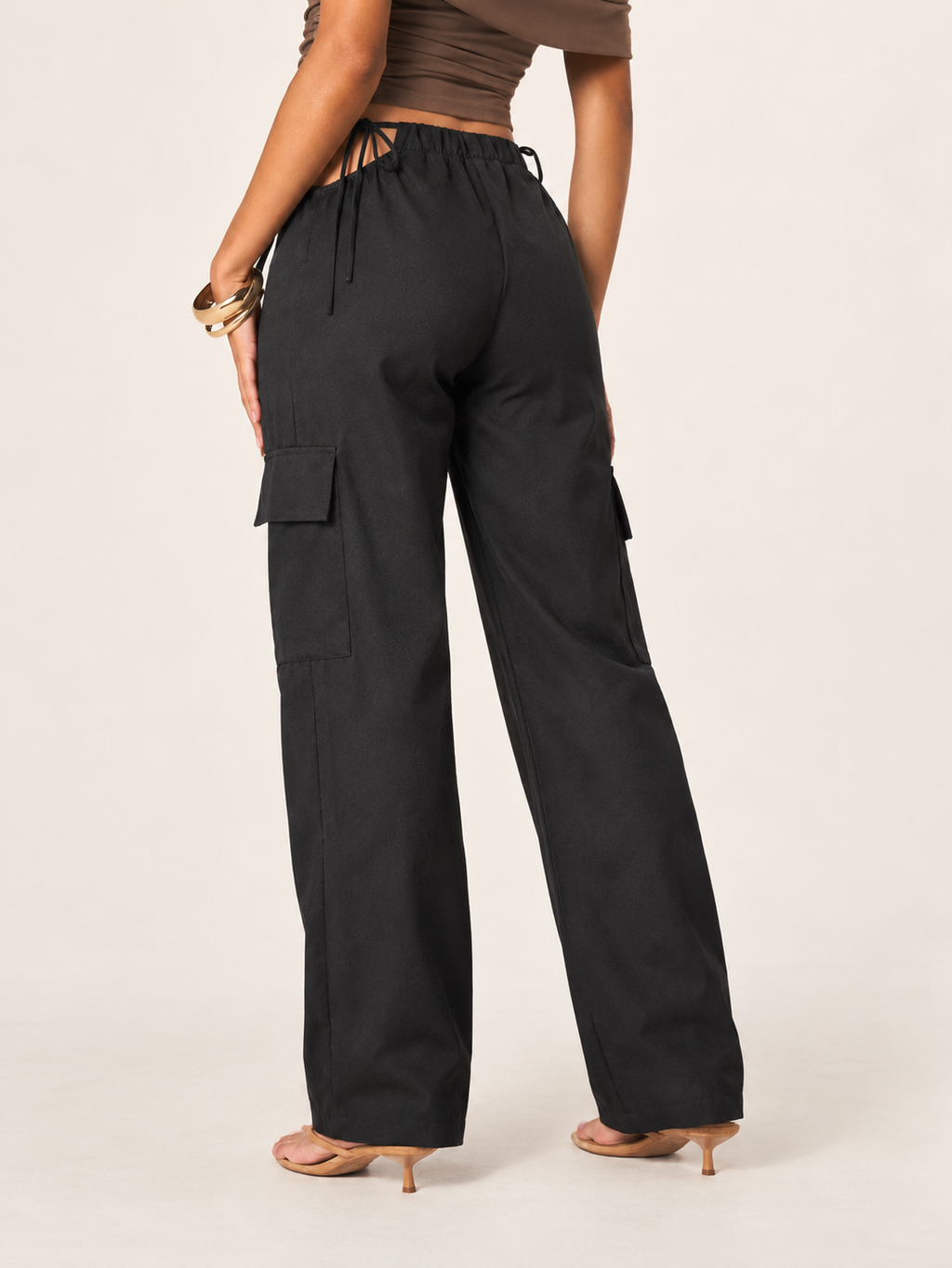 Black Side Tie Cut Out Wide Leg Cargo Pants