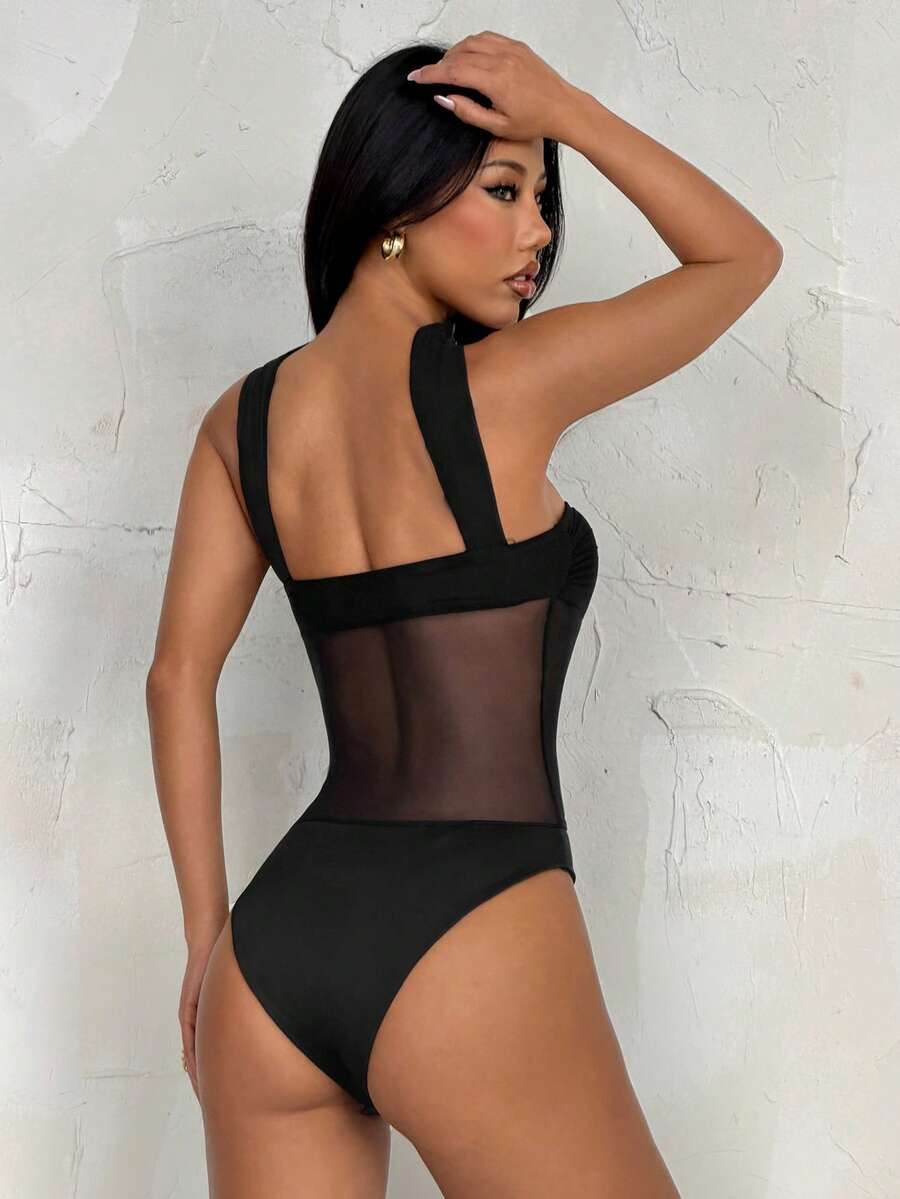 Noire Black Mesh Bandeau Bodysuit