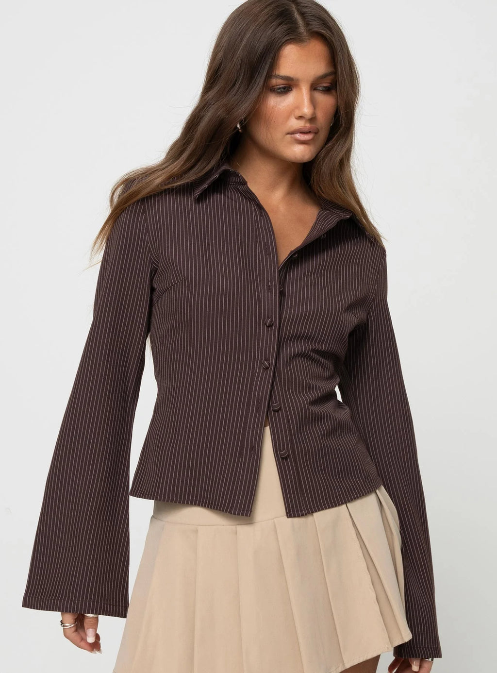 Espresso Pinstripe Flare Sleeve Shirt