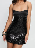 After Hours Black Sequin Satin Mini Dress