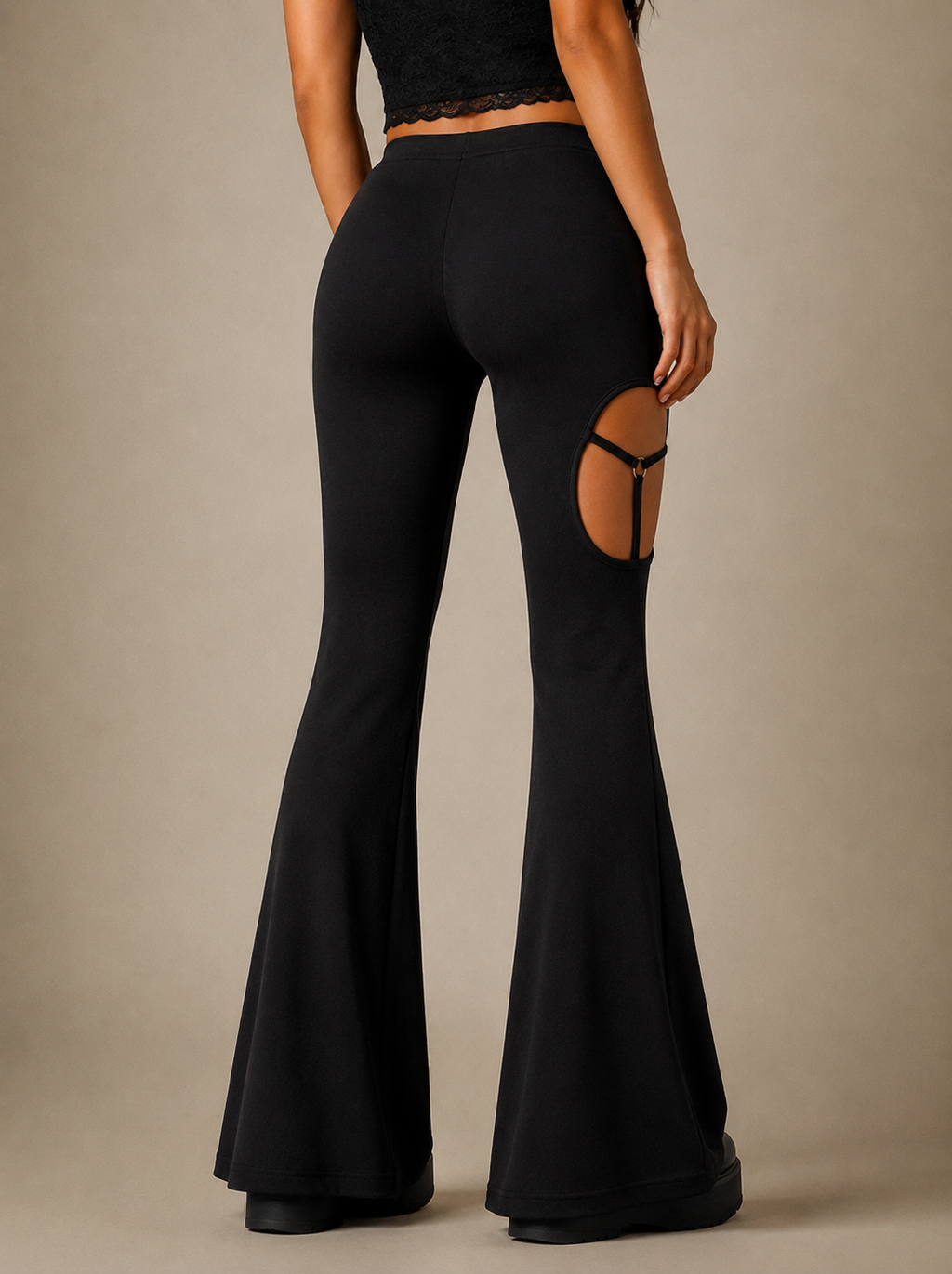 Black Cutout Flared Leg Ring Pants