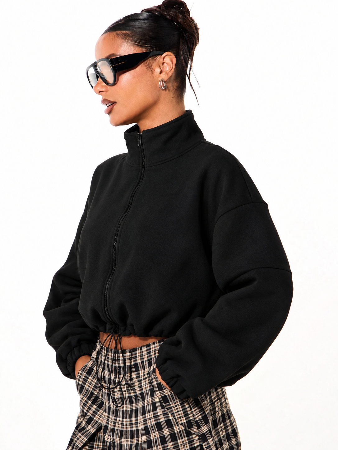 Off Duty Oversized Cropped Zip Up Sweatshirt Black