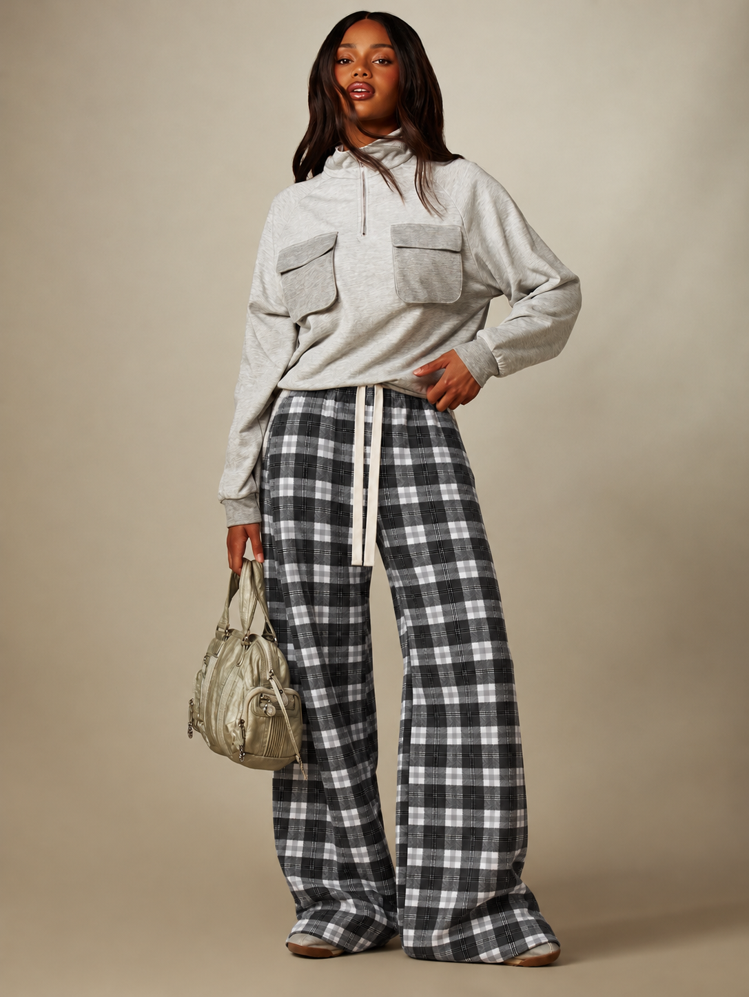Midnight Check Wide Leg Drawstring Pants
