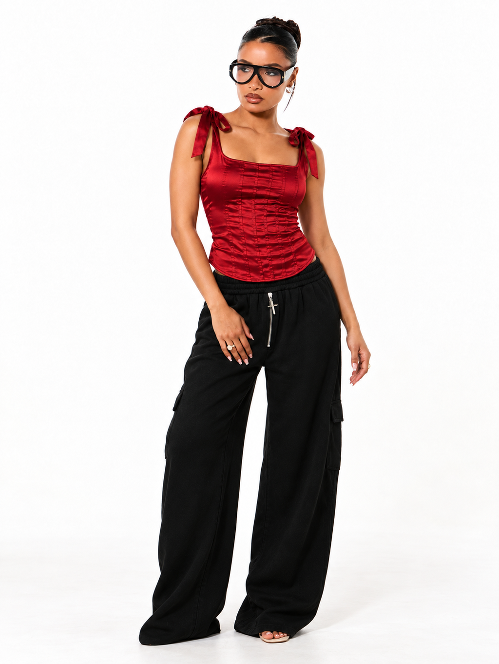 Cherry Red Satin Bow Strap Corset Top