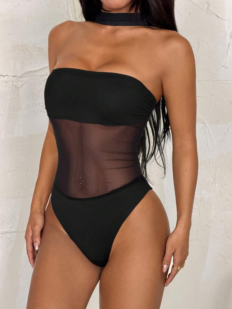 Noire Black Mesh Bandeau Bodysuit