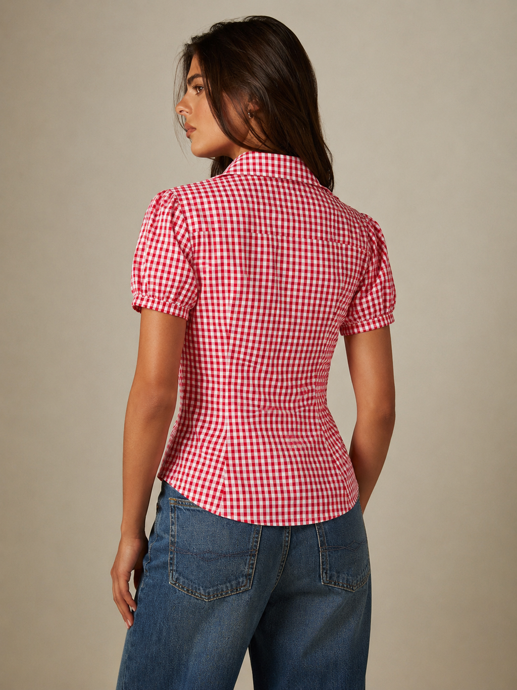 Red Gingham Ruched Puff Sleeve Shirt