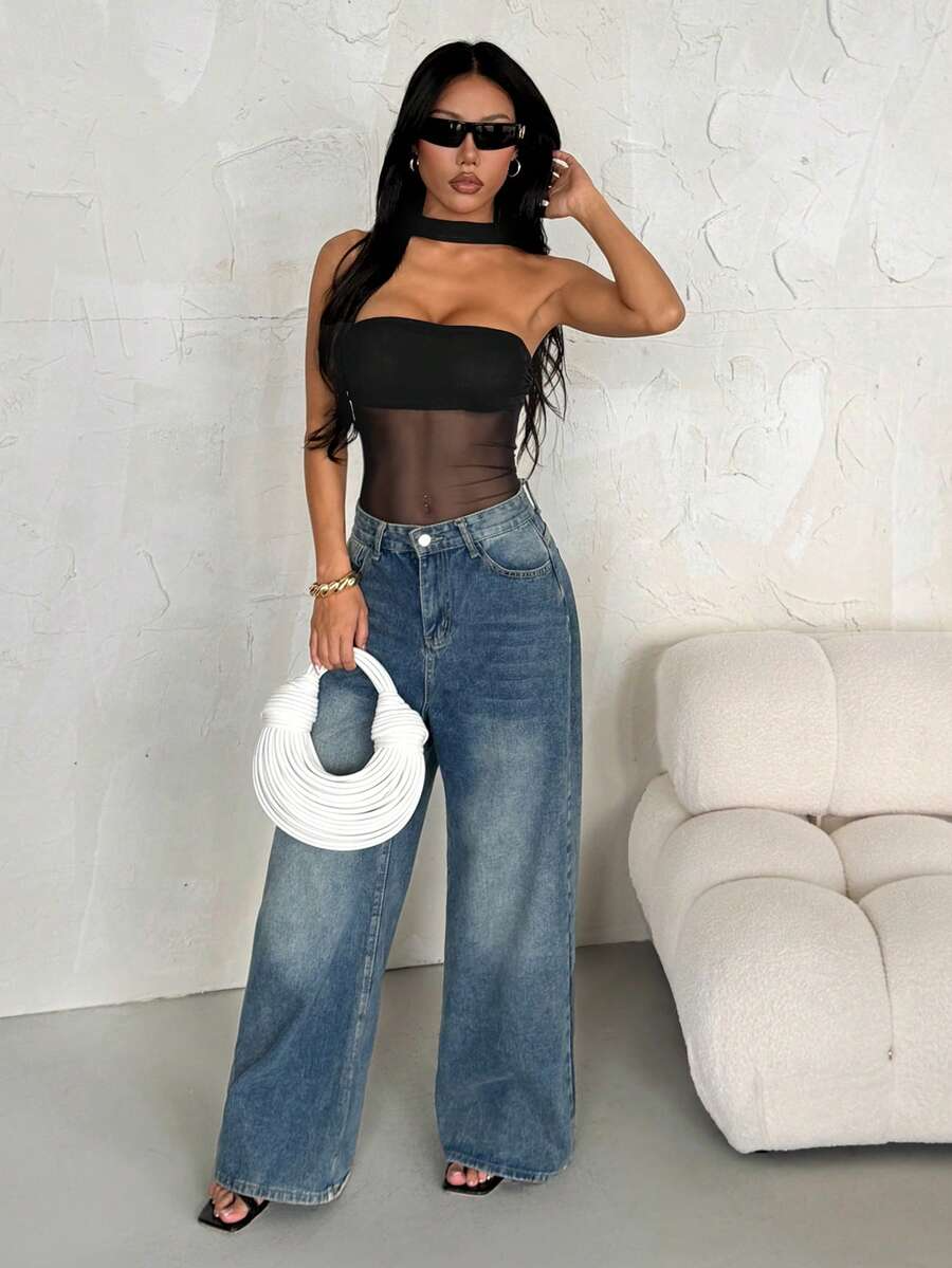 Noire Black Mesh Bandeau Bodysuit