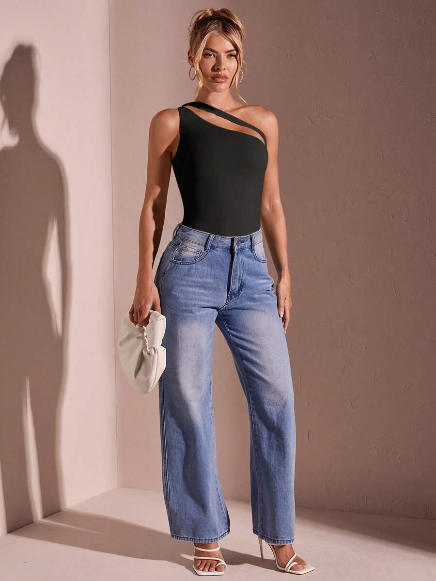 After Dark Black Cut Out One Shoulder Bodysuit