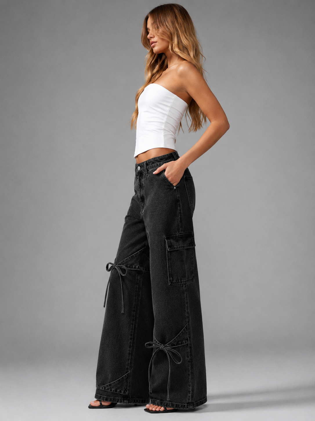 Black Bow Tie Wide Leg Cargo Jeans