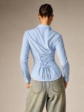 The Bella Blue Striped Corset Back Shirt