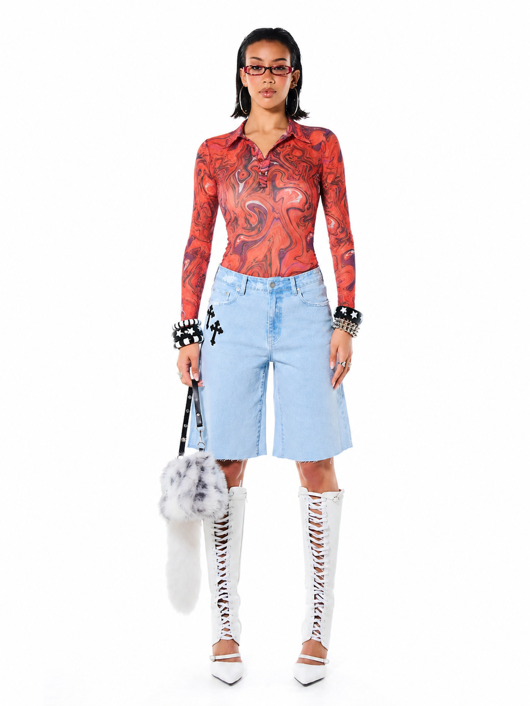 Lava Swirl Printed Mesh Collared Top