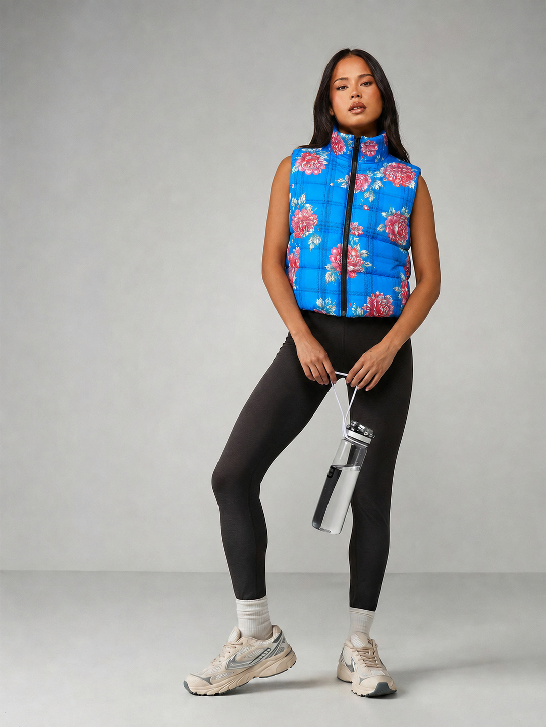 Electric Bloom Blue Floral Sleeveless Puffer Jacket