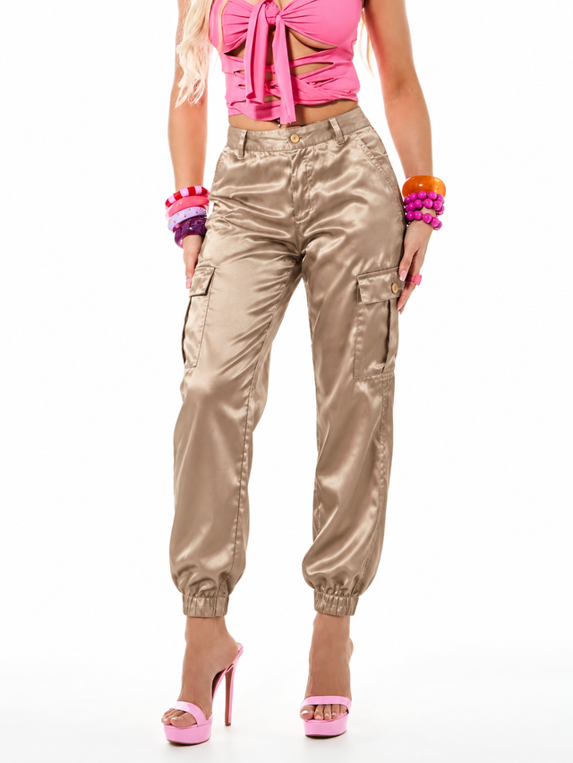 Satin Luxe Cargo Joggers Champagne Gold