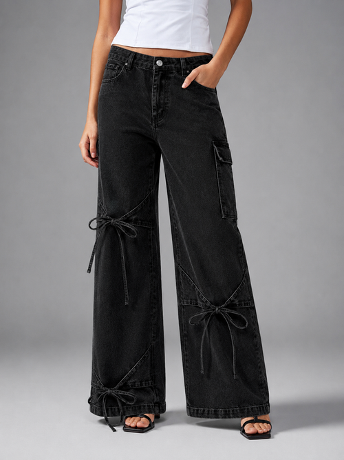 Black Bow Tie Wide Leg Cargo Jeans