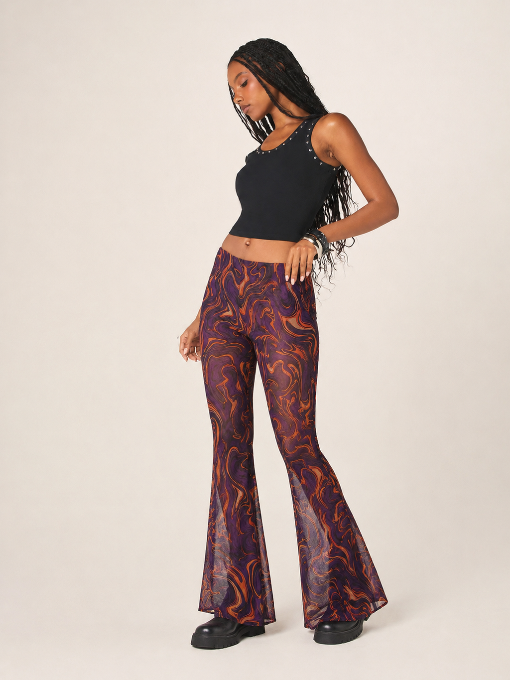 Inferno Swirl Printed Mesh Flare Pants
