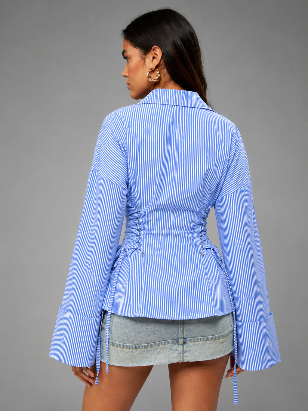 Cinched Waist Blue Striped Shirt