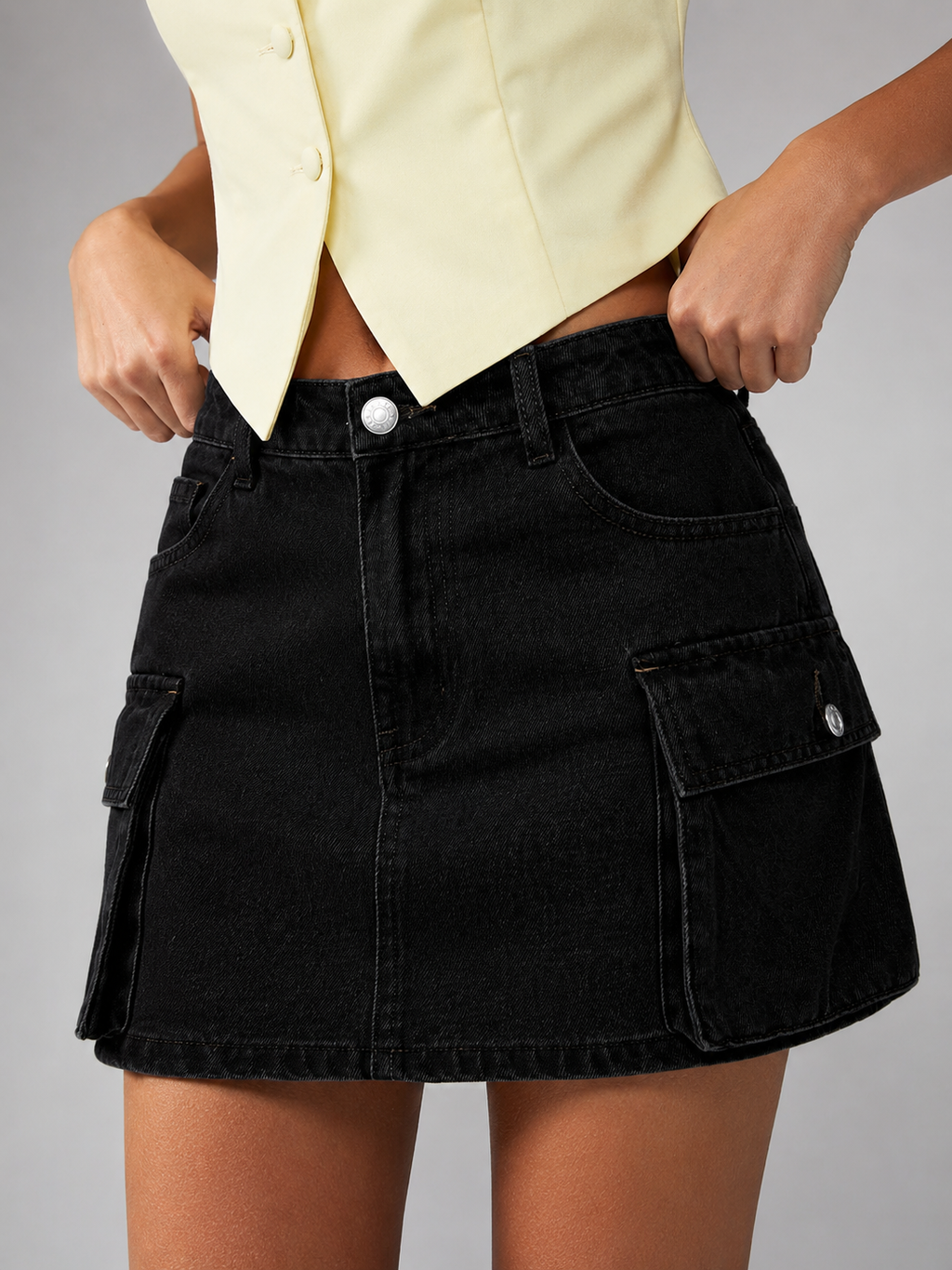 Black Utility Cargo Denim Mini Skirt