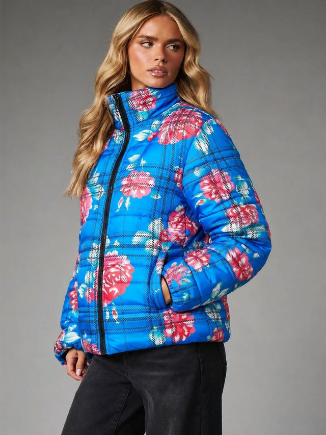 Blue floral puffer jacket with pink flowers — front view