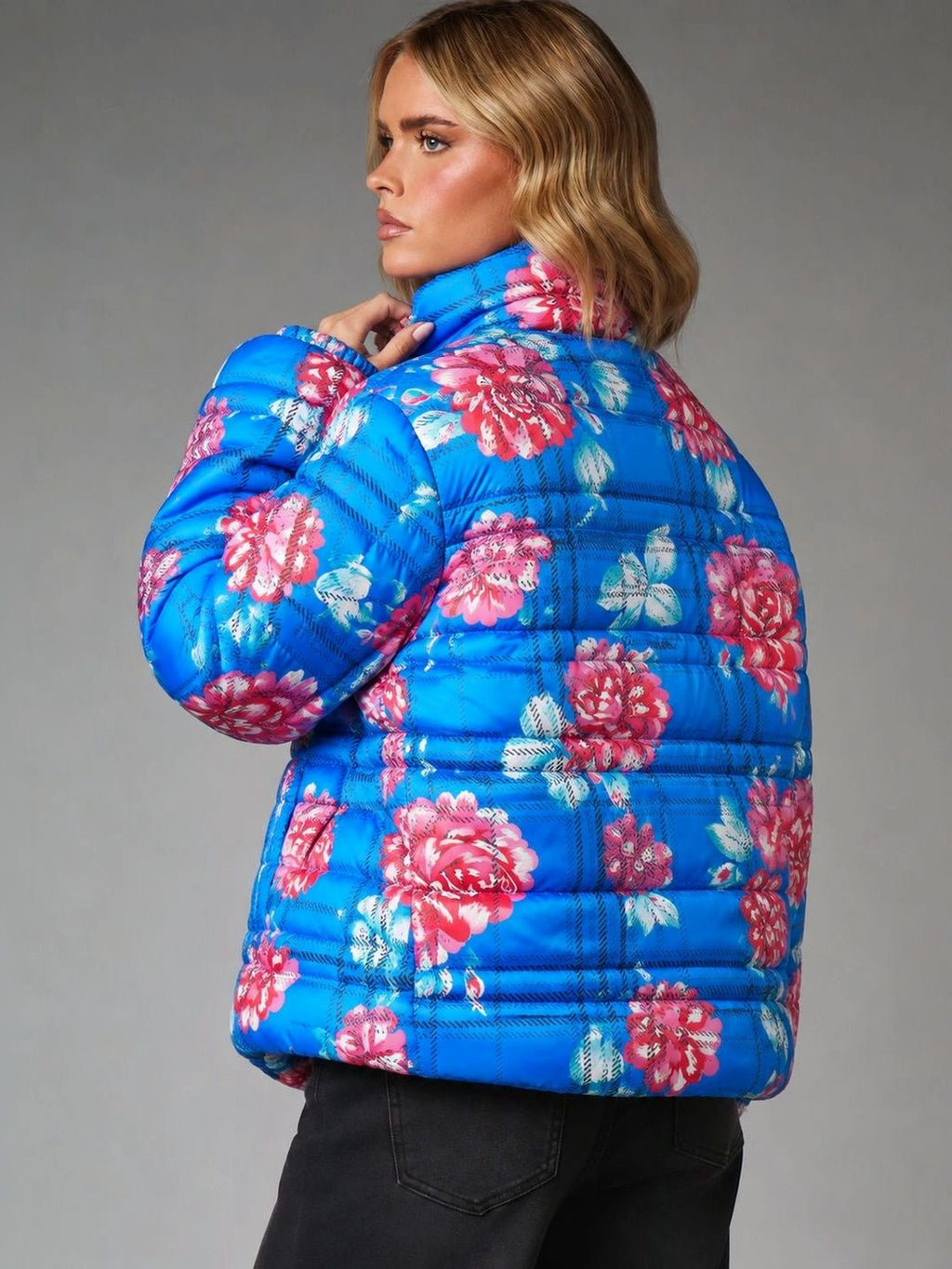 Blue floral puffer jacket with pink flowers — back view
