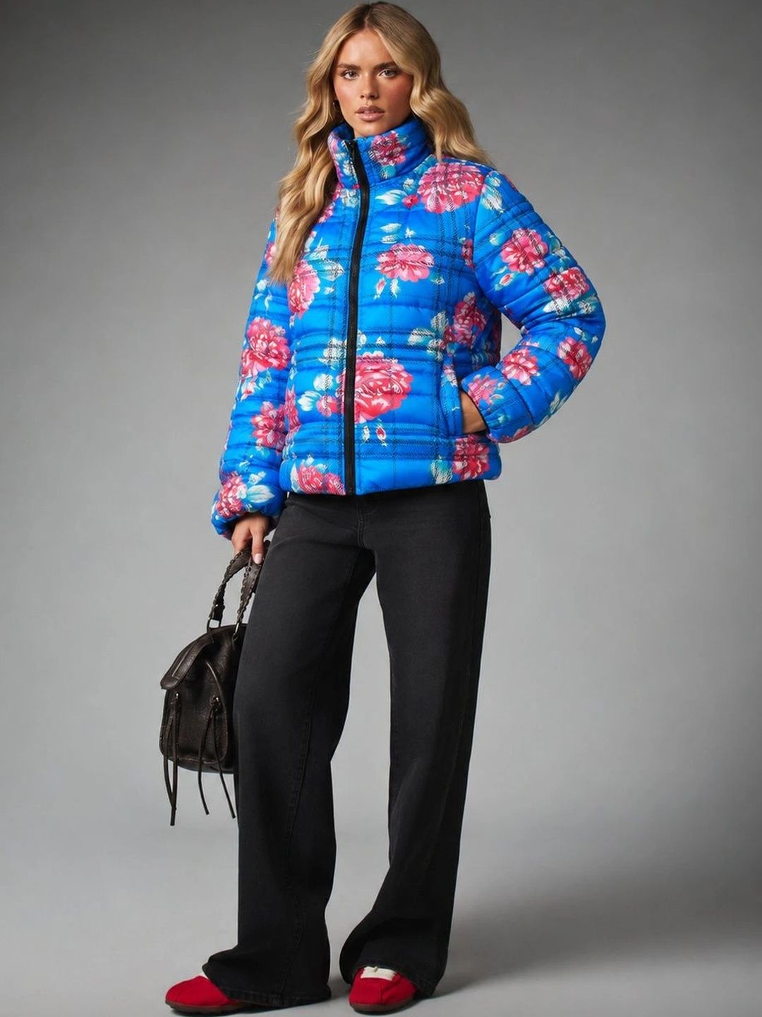 Blue floral puffer jacket with pink flowers — full outfit view
