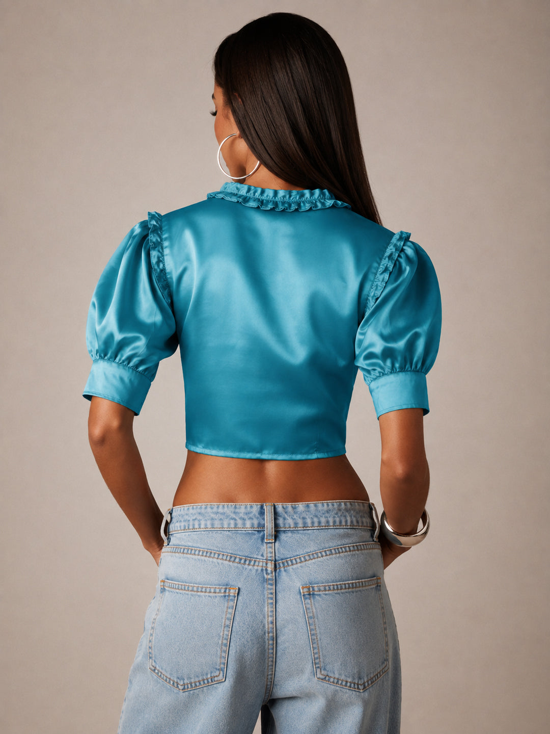 Azure Blue Satin Ruffle Puff Sleeve Crop Shirt