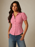 Red Gingham Ruched Puff Sleeve Shirt