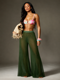 Olive Green Sheer Mesh Wide Leg Pants