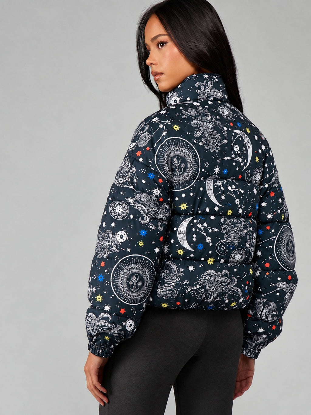 Celestial Dreams Printed Cropped Puffer Jacket Black