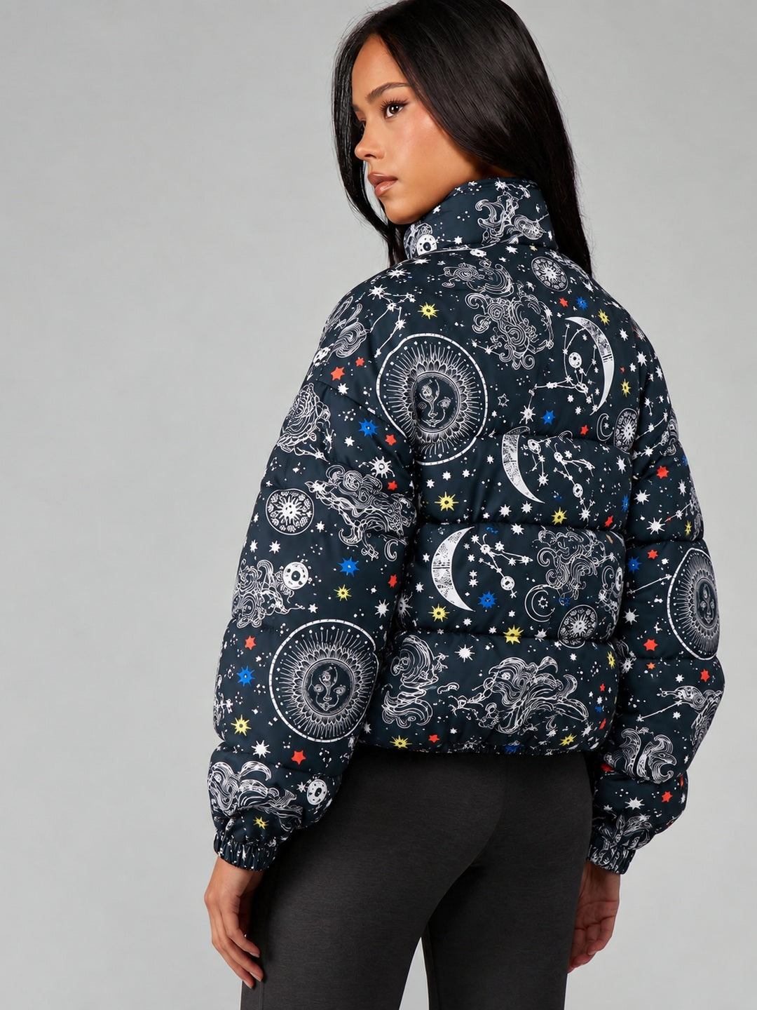 Celestial Dreams Printed Cropped Puffer Jacket Black
