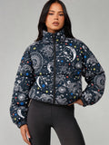 Celestial Dreams Printed Cropped Puffer Jacket Black