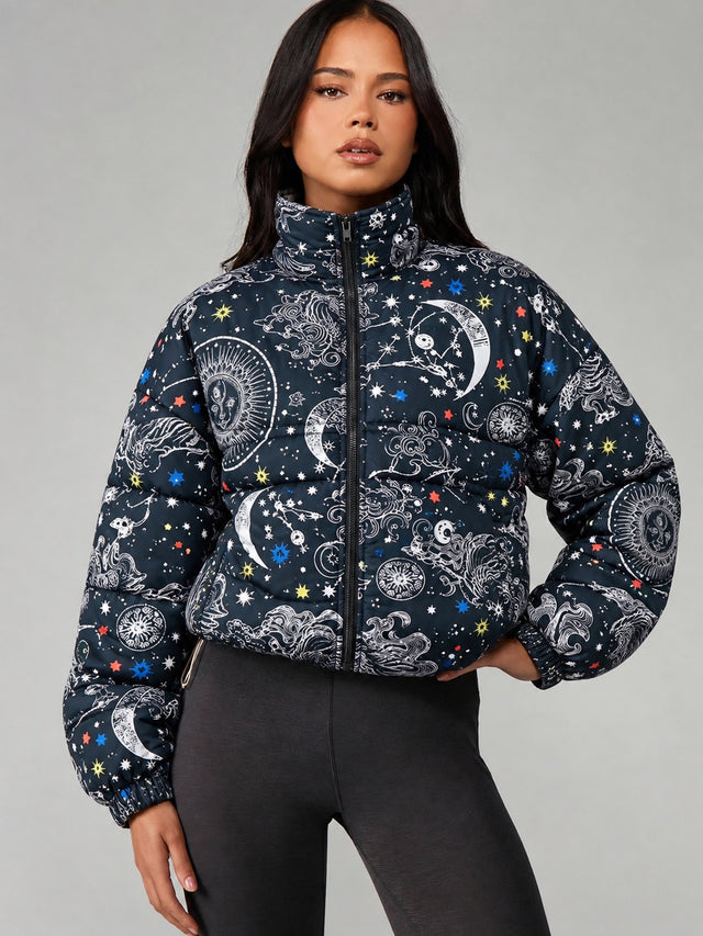 Celestial Dreams Printed Cropped Puffer Jacket Black