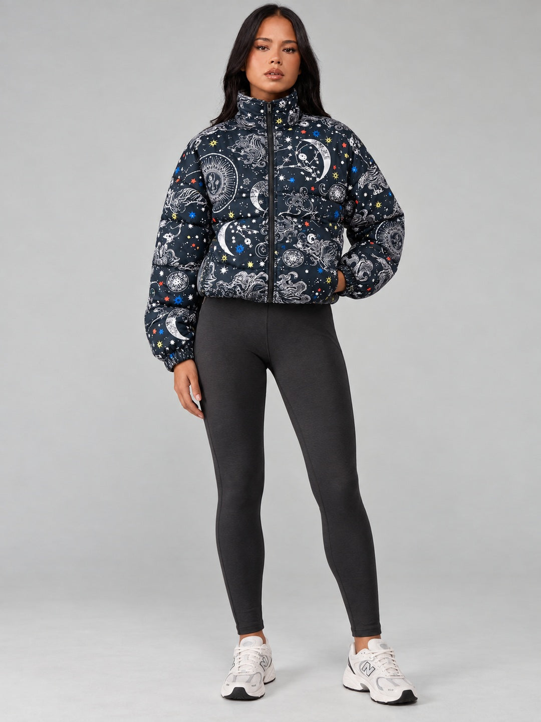 Celestial Dreams Printed Cropped Puffer Jacket Black