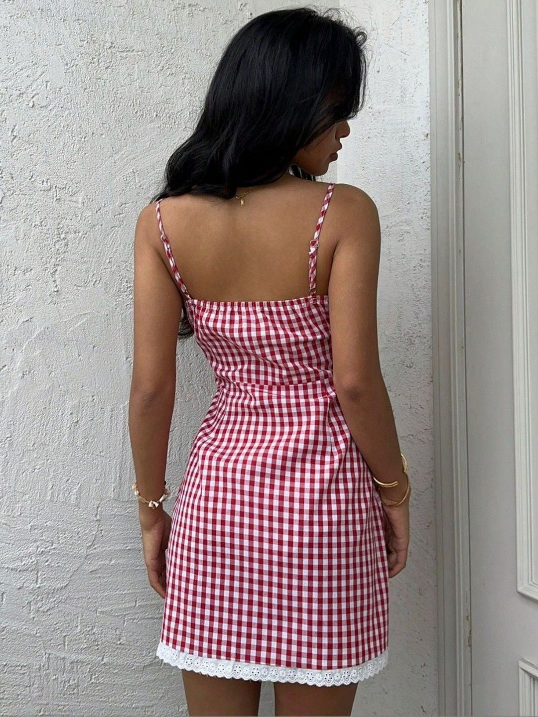 Red and white gingham sweetheart mini dress — back view
