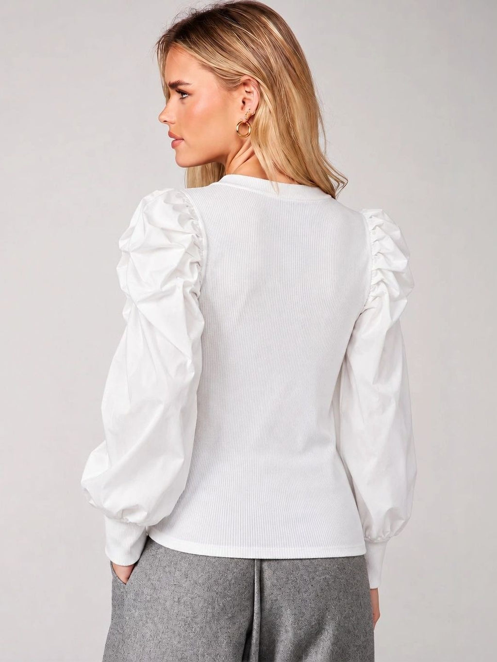 Back view of Cloud White Sculpted Puff-Sleeve Top