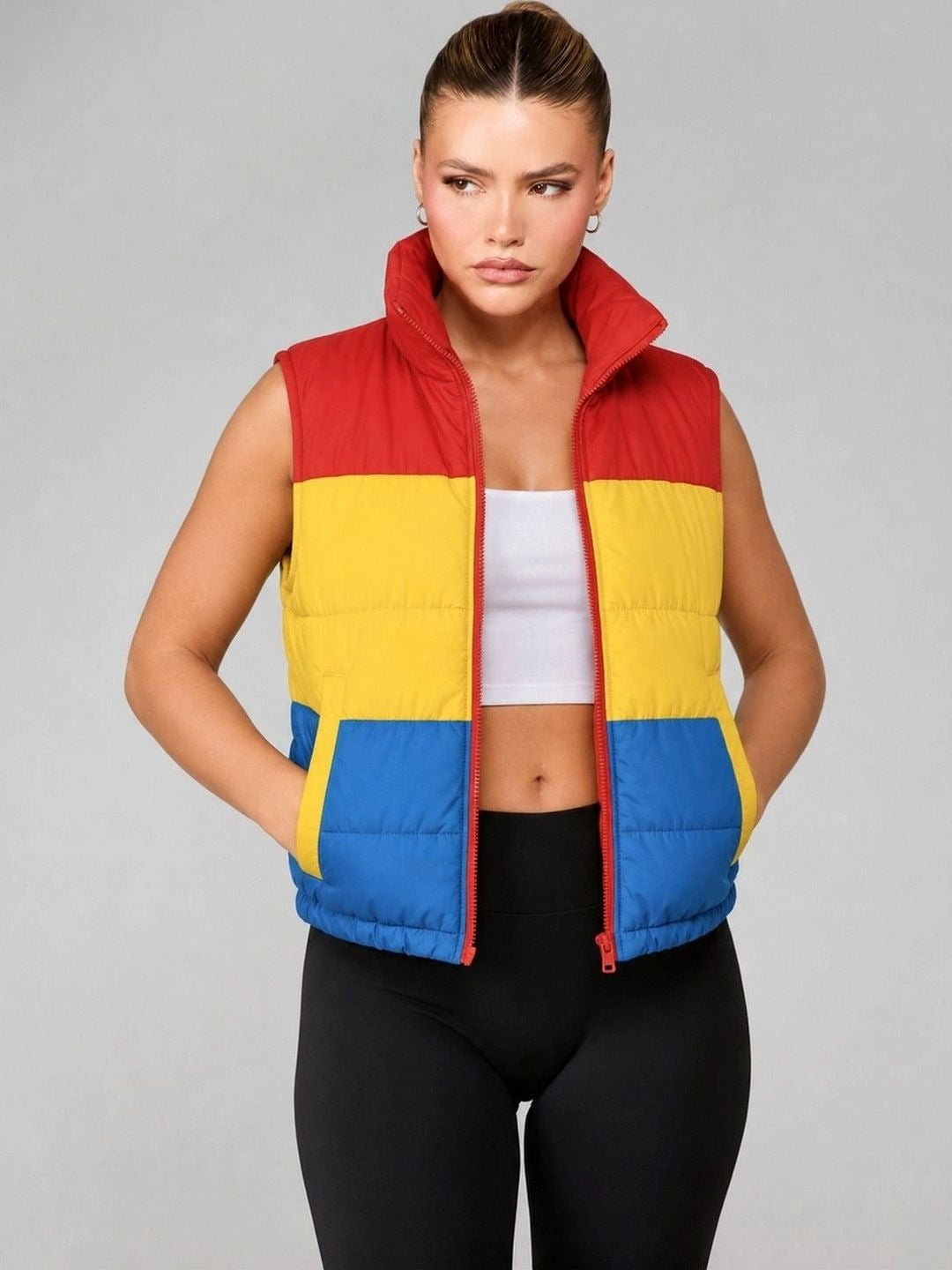 Red yellow and blue colourblock cropped puffer vest front view