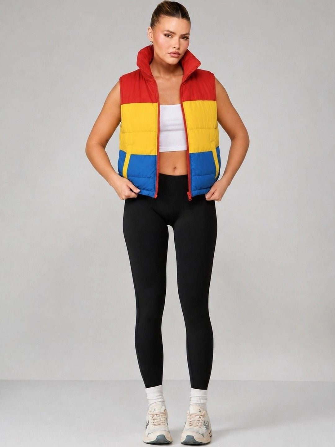 Colourblock cropped puffer jacket — full outfit view